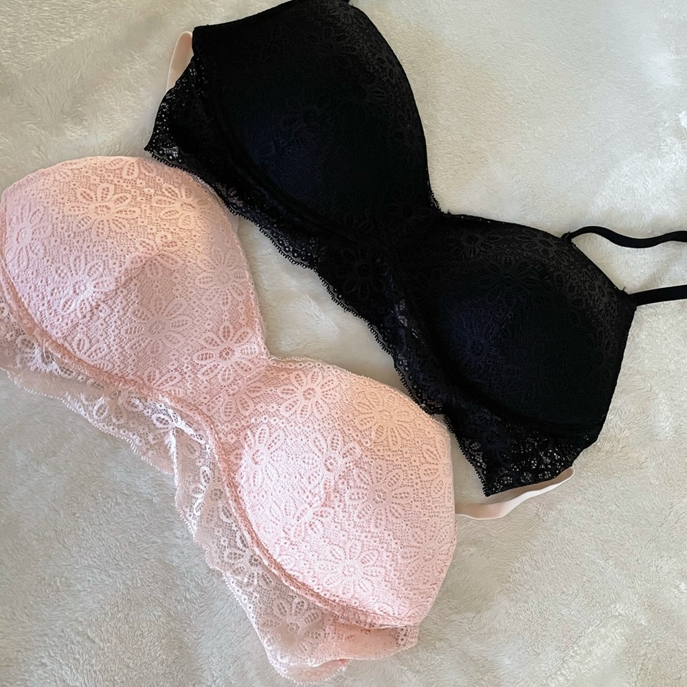 Black and pink lace bralettes